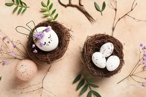 Nests of creative Easter eggs with scissors, flowers and leaves on grunge pin Stock Photos