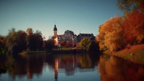 Nesvizh castle complex at sunset, a unesco world heritage site in belarus Video stock 292788515