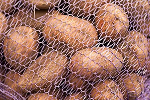 A net-bag with potatoes inside Stock Photos