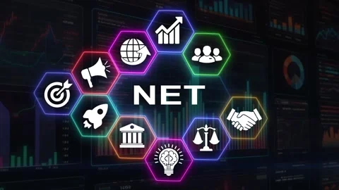 Net hexagon icon concept with surrounded glowing light blue and pink icons .. Stock Footage 340456935