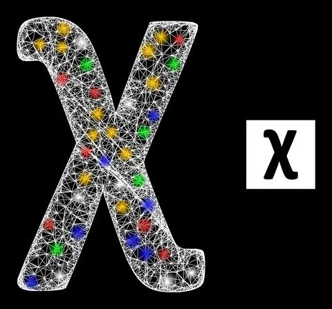 Net Mesh Chi Greek Lowercase Symbol Icon with Multicolored Flash Nodes Stock Illustration
