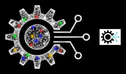 Net Mesh Gear Interface Icon with Colorful Flash Nodes Illustrazione stock