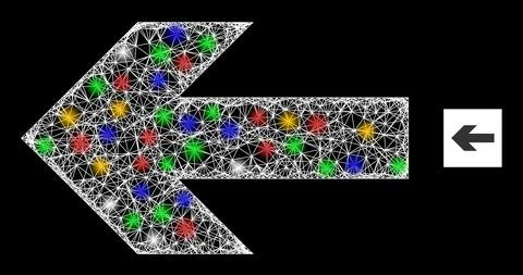 Net Mesh Left Arrow Direction Icon with Bright Colored Flash Nodes Stock Illustration