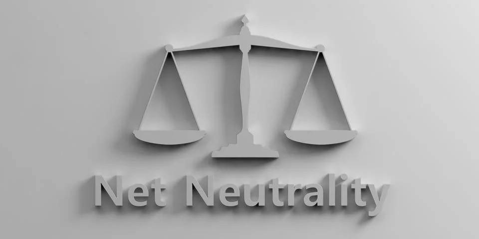 Net neutrality text and flat law scales balance on grey background. 3d illust Stock Illustration