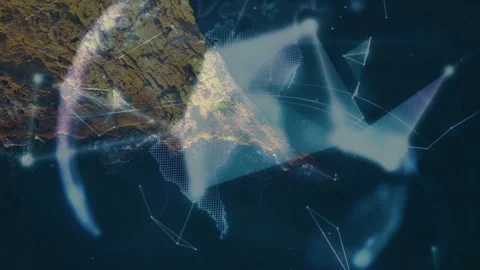 Net nodes and lines emerging over coast forming globe being held by hand showing Stock Footage 312758173