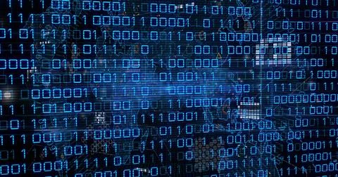 Net pulse driving binary stream across cyber grid marking nodes and circuits for Illustrazione stock