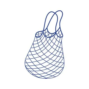 Net shopping bag vector illustration. Blue mesh string tote bag with handles Illustration