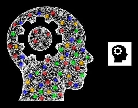 Net Web Mesh Brain Gear Icon with Colorful Flash Nodes Stock Illustration
