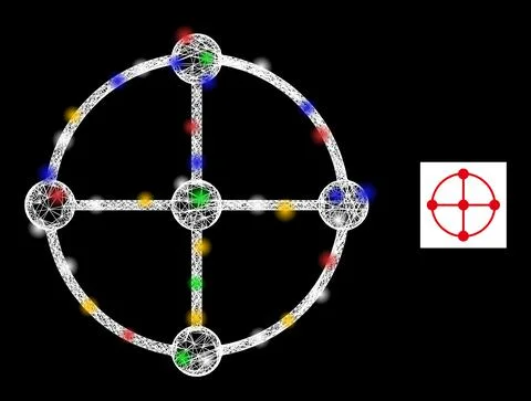 Net Web Mesh Circle Grid Nodes Icon with Multi Colored Flares Stock Illustration