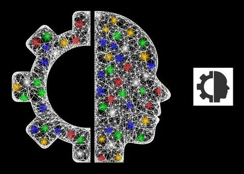 Net Web Mesh Cyborg Head Icon with Colorful Flash Nodes Illustrazione stock