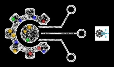 Net Web Mesh Gear Sensor Icon with Multicolored Flash Nodes Illustrazione stock