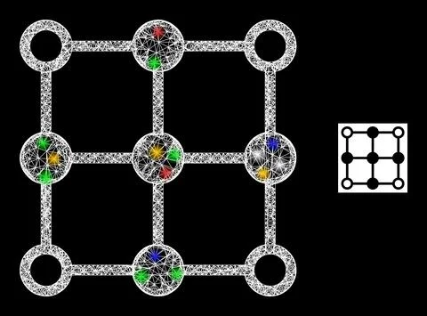 Net Web Mesh Grid Centers Icon with Colored Glitter Dots Stock Illustration