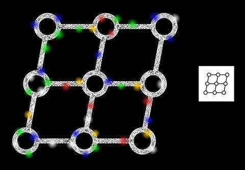 Net Web Mesh Shifted Grid Nodes Icon with Colorful Flash Nodes Stock Illustration