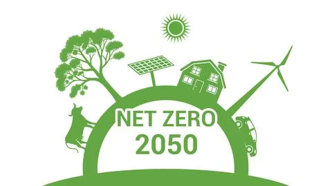 Net Zero 2050 Carbon Neutral concept. Green text Net zero on white background Stock Illustration