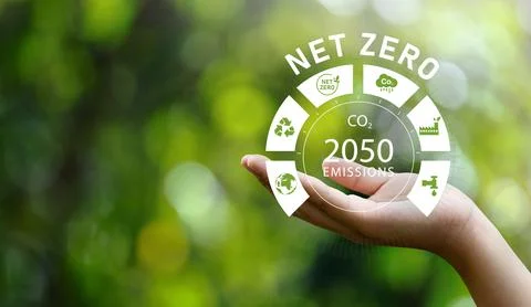 Net zero 2050 emissions icon concept in hand for the environment policy ani.. Stock Illustration
