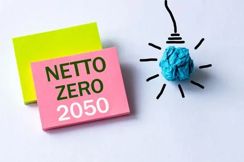 Net zero 2050 text, bulb icon, climate neutrality concept, renewable energy.. Stock Photos