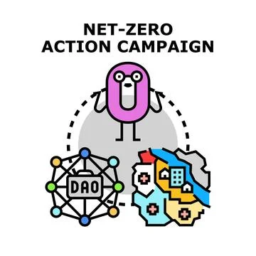 Net zero action campaign and decentralized autonomous organization connecting Stock Illustration