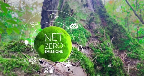 Net zero and carbon neutral concept. Green Globe with Net zero icons  Stock Footage 260579644