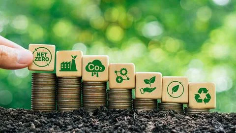 Net Zero and Carbon Neutral Concepts.Hand holding wooden cubes with green n.. Stock Photos