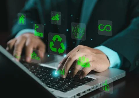 Net zero and carbon neutral. analyze investment sustainability ESG icons. C.. Stock Photos
