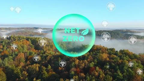 Net Zero And Reduce CO2 Symbols In Bubbles. Aerial, 3D render Stock Photos