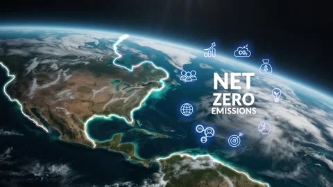 Net Zero Carbon Commitment Concept. A green world map made of foliage 스톡 동영상 300467491