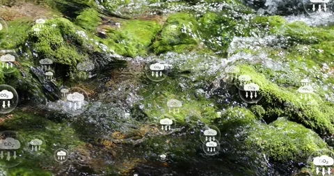 Net zero carbon dioxide icons on stream water background Stock Footage 341900189