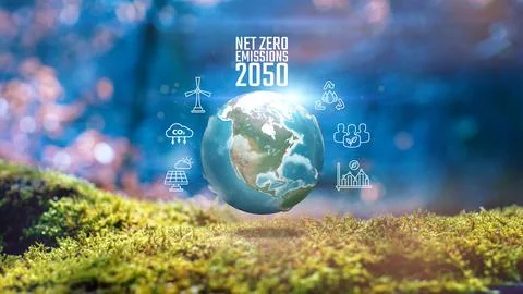 Net Zero Emission 2050 Earth Green Power Climate Icons On Real Moss Stock Illustration