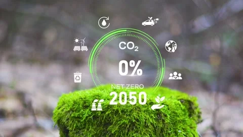 Net Zero Emissions by 2050 policy animation concept.Digital dashboard of CO2 Stock Footage 266772173