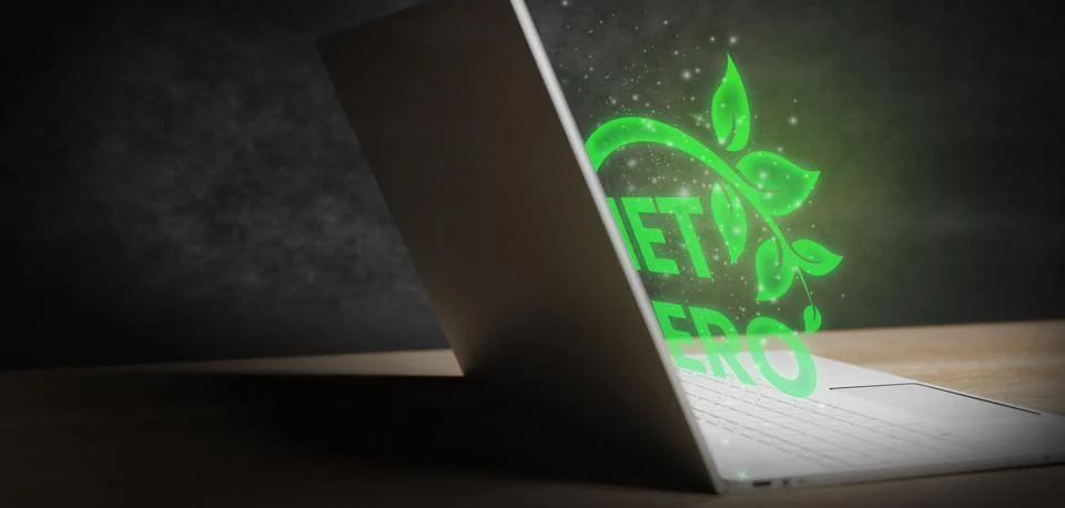 Net Zero leaf icon glowing like a hologram in laptop 3D Render Stock Photos
