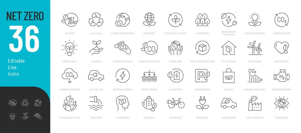 Net Zero Line Editable Icons set. Stock Illustration