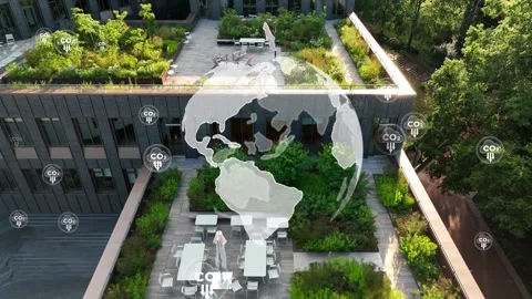 Net zero rooftop garden with globe and CO2 reduction animation. Aerial Stock Footage 259324675