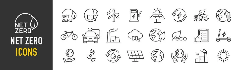 Net Zero web icons in line style. Green energy, CO2 neutral, gas emissions,.. Stock Illustration