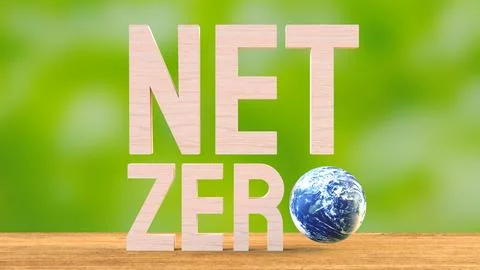 The net zero wood text and world for eco concept 3d rendering. Illustrazione stock