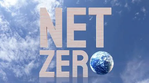 The net zero wood text and world on sky Background  for eco concept 3d rend.. Stock Photos