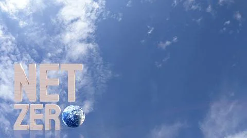 The net zero wood text and world on sky Background  for eco concept 3d rend.. Stock Photos