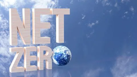 The net zero wood text and world on sky Background  for eco concept 3d rend.. 库存照片