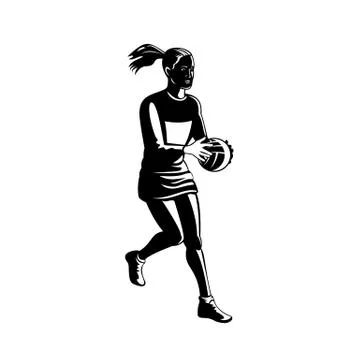 Netball Player Catching and Passing Ball Retro Black and White Stock Illustration