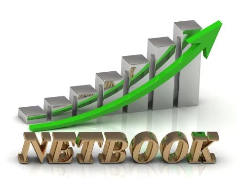 NETBOOK- inscription of gold letters and Graphic growth and gold arrows on wh Stock Illustration