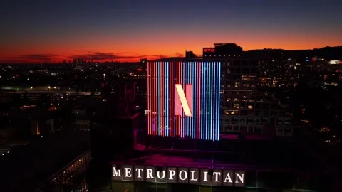 Netflix Logo at Night on Sunset Blvd. in Hollywood Stock Footage 333939772