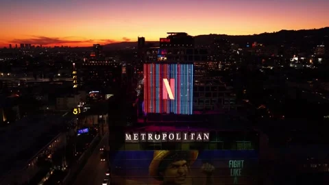 Netflix Logo at Night on Sunset Blvd. in Hollywood Stock Footage 334022624