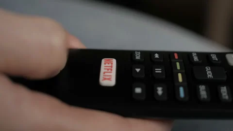 Netflix on TV Button a Remote Control. Close Up Woman With TV Remote Control  Stock Footage 121080801