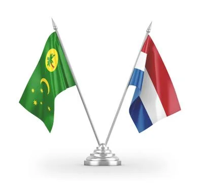 Netherlands and Cocos Keeling Islands table flags isolated on white 3D render Illustrazione stock