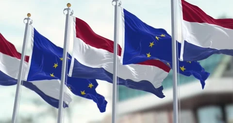 Netherlands and EU flags waving in the wind Stock-Footage 246866399