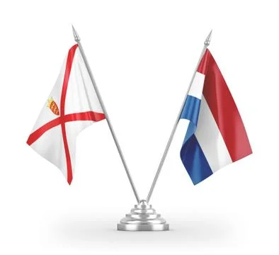 Netherlands and Jersey table flags isolated on white 3D rendering Stock Illustration