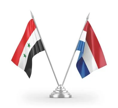 Netherlands and Syria table flags isolated on white 3D rendering Stock-Illustration