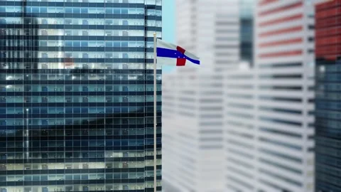 Netherlands Antilles Flag 3D Render Animation on Pole with Modern City Build Video stock 332948900