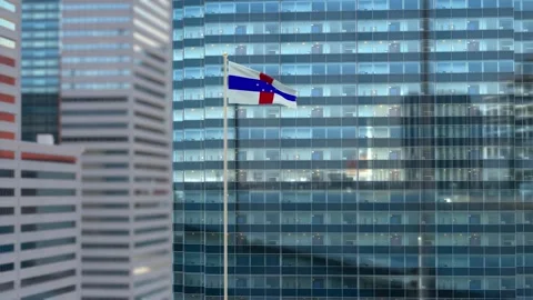 Netherlands Antilles Flag 3D Render Animation Waving Against Glass Office Bu Video stock 333025423