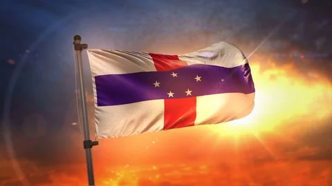Netherlands Antilles Flag Backlit At Beautiful Sunrise Loop Slow Motion 4K Stock Footage 76634898