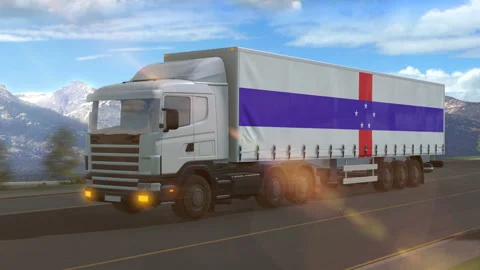 Netherlands Antilles flag shown on the side of a large truck Stock Footage 122104481